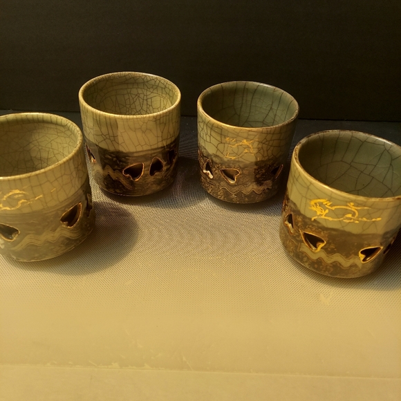 Japanese Somayaki Duo Wall Teacups Crackle Glazed Handpainted Gold Accents